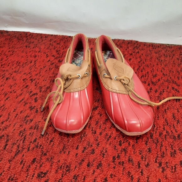 Sperry Wo's Womens Topsider Waterproof Rubber Boots Slip on Red Tan Size 7.5 - Picture 2 of 13